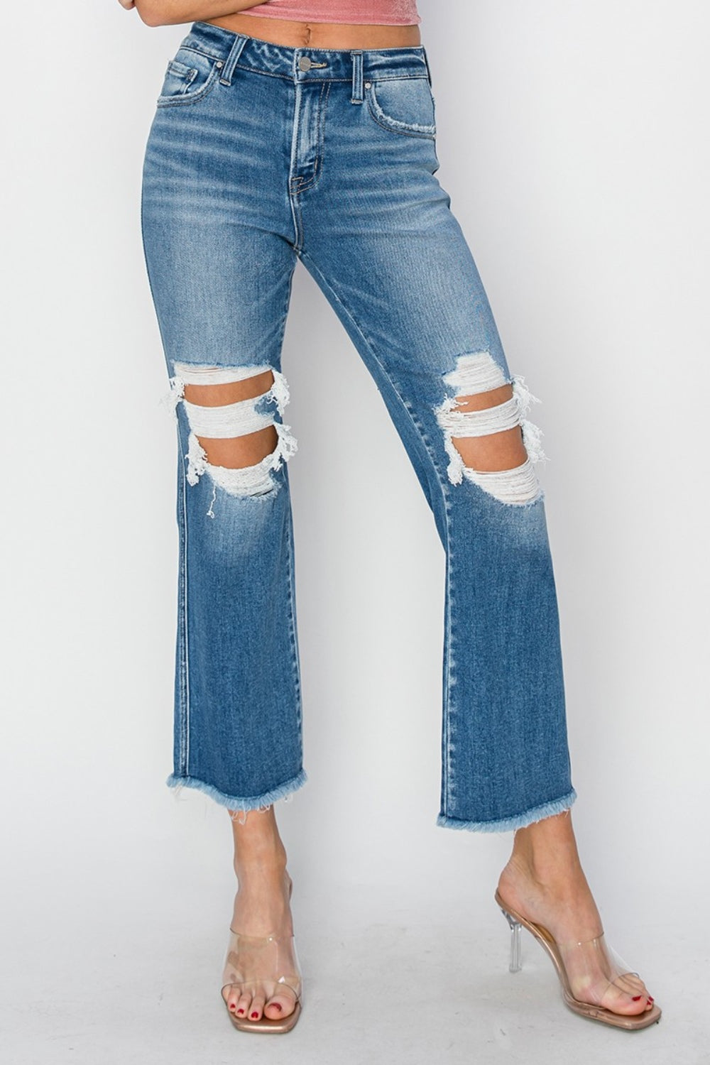 Stilla | Mellem Talje Distressed Afskåret Flare Jeans Online salg