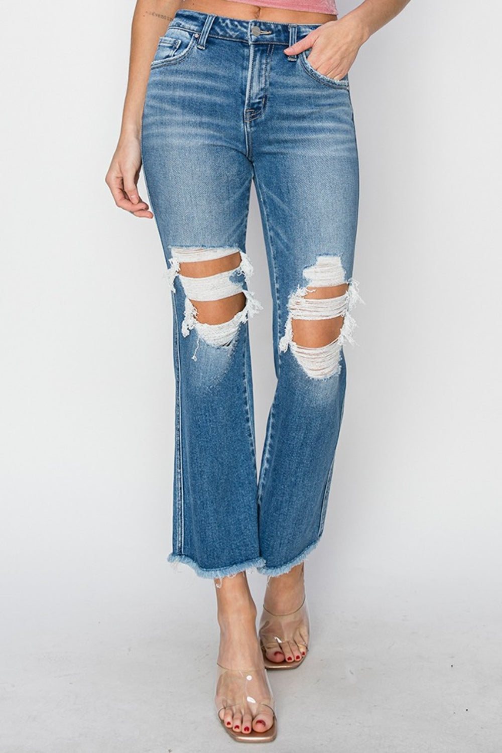 Stilla | Mellem Talje Distressed Afskåret Flare Jeans Online salg