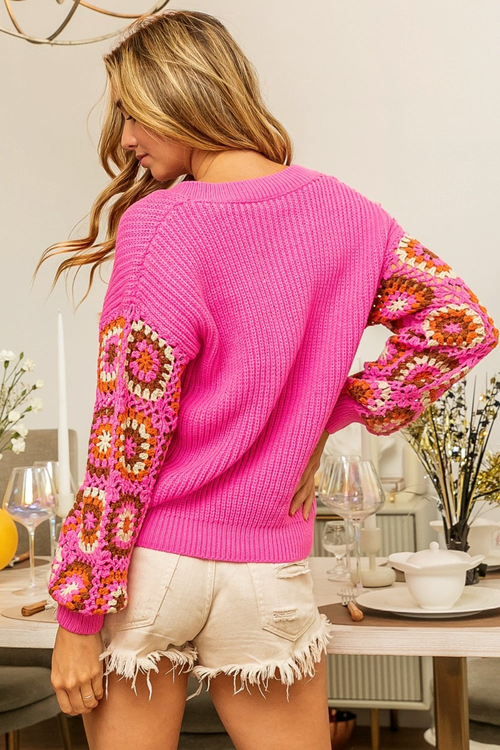 Stilla | V-hals Hæklet Langærmet Sweater Hot på udsalg