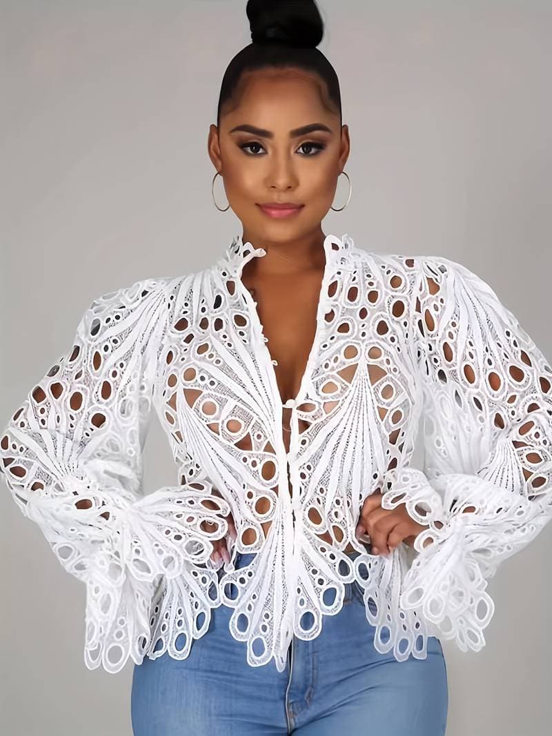 Stilla | Blondebluse Langærmet V-hals Knaplukning Elegante Transparent Design Rabat