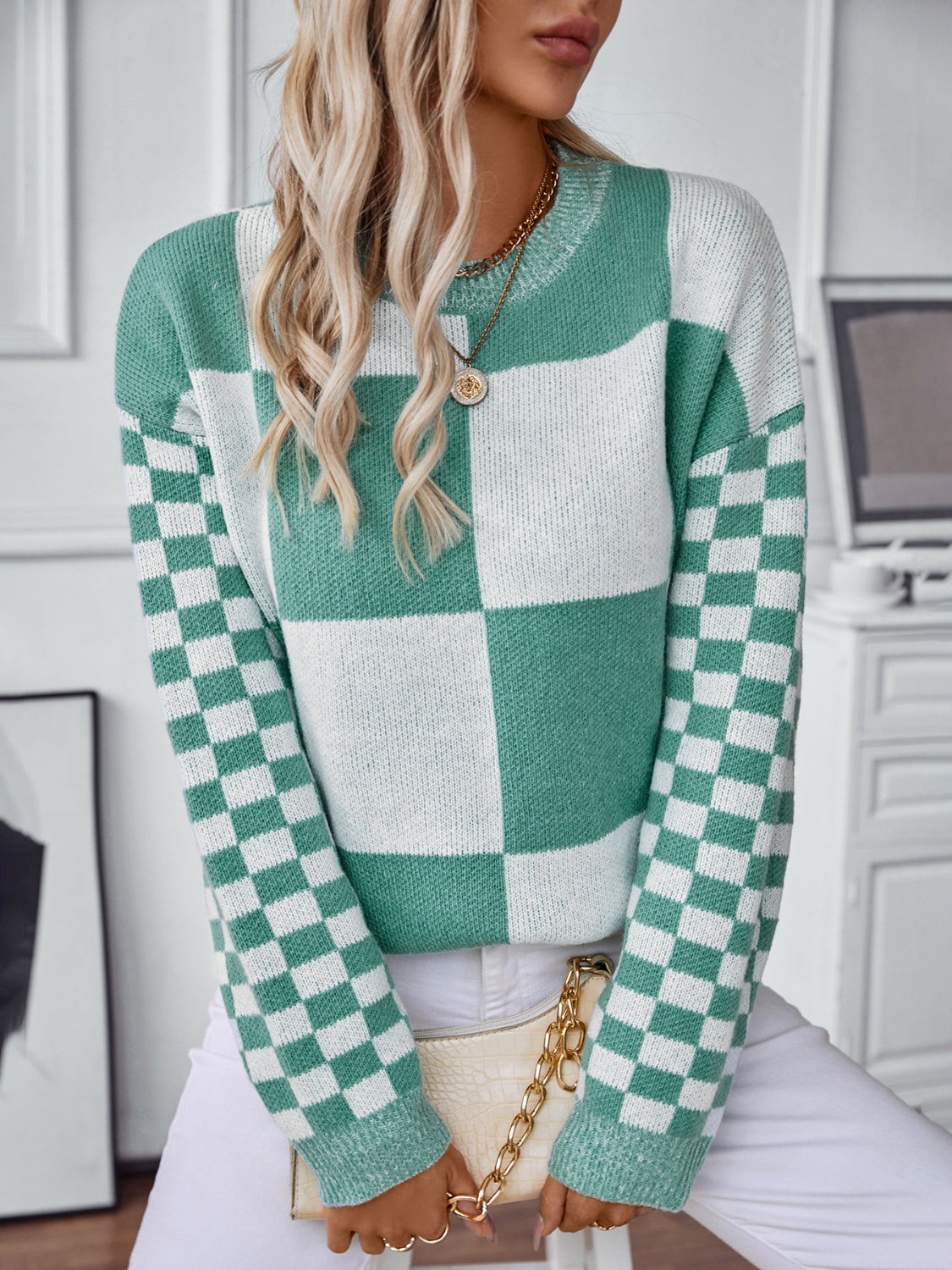 Stilla | Farveblok Rundhalset sweater med ærmer
