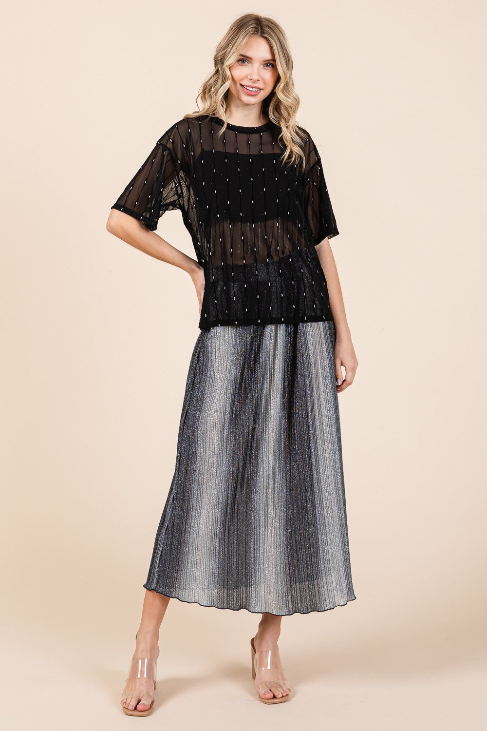 Stilla | Rund Hals Drop Shoulder Mesh Glitter Top