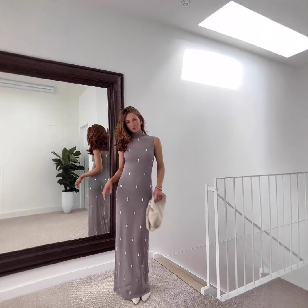 Stilla | Elegant Halvhøjkrave Ærmeløs Perle Mesh