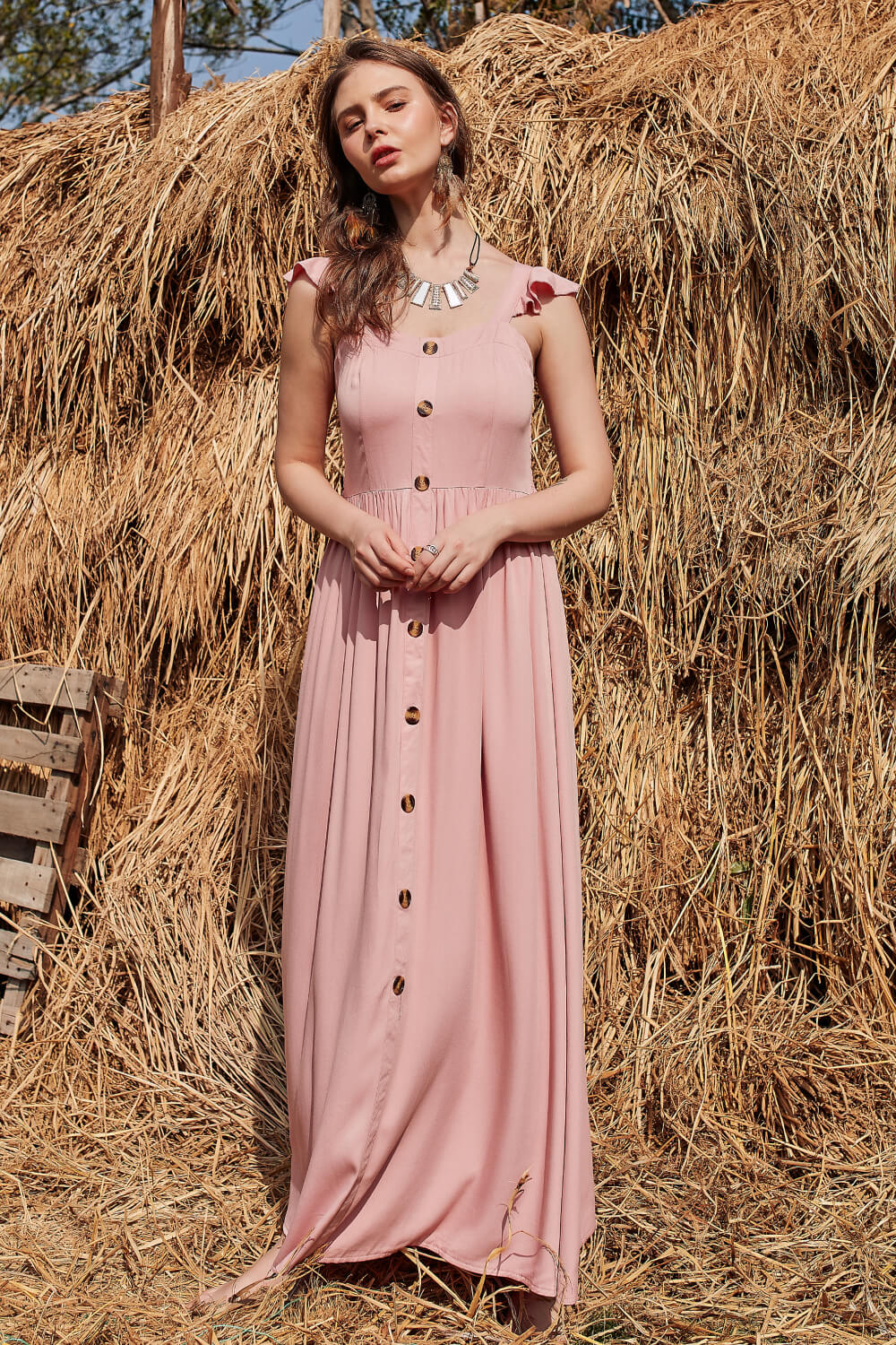 Stilla | Knap Rynket Trim Smocket Maxi Kjole