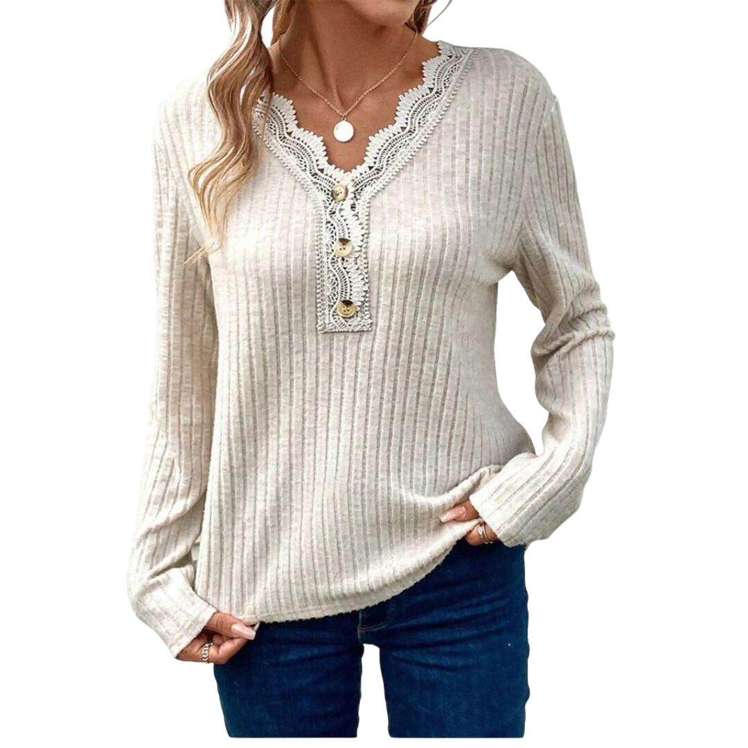 Stilla | Ribstrikket Henley med Blondestof Detaljer
