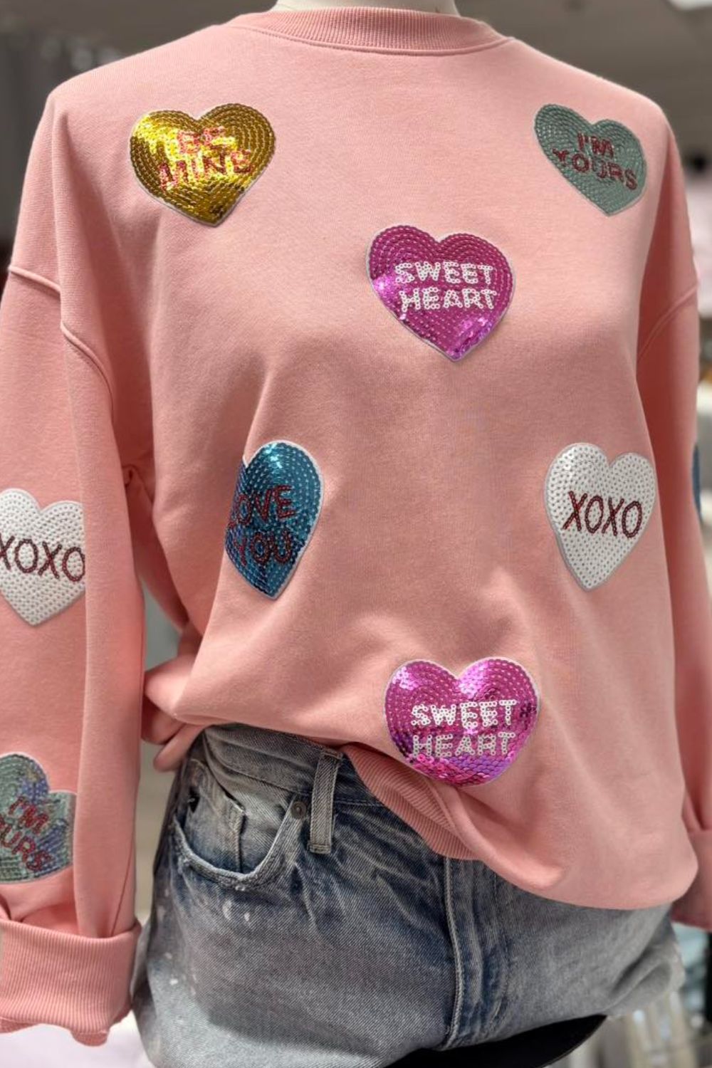 Stilla | Valentinsdag Pailletter Hjerte Rundhals Langærmet Sweatshirt