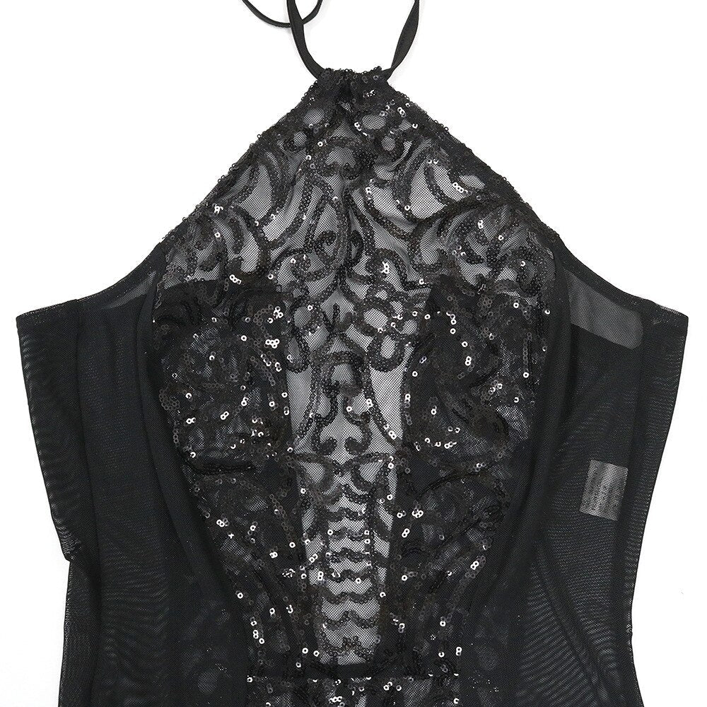 Stilla | Sort Mesh Paillettenkjole Halter Rygfri Jumpsuit