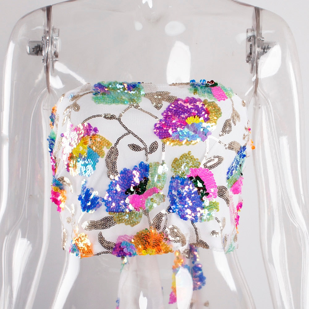 Stilla | Floral Pailletbroderi Pink Sommer Crop Top Online