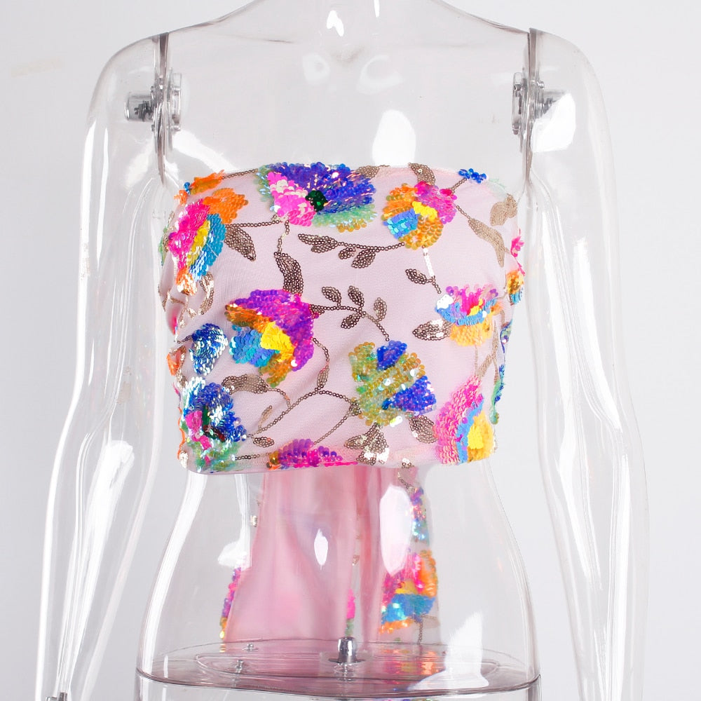Stilla | Floral Pailletbroderi Pink Sommer Crop Top Online
