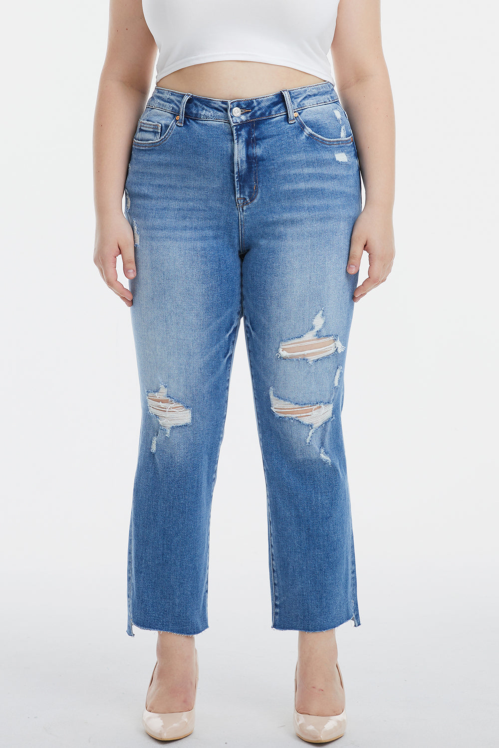 Stilla | Fuldlængde Mellem Talje Distressed Ripped Lige Jeans