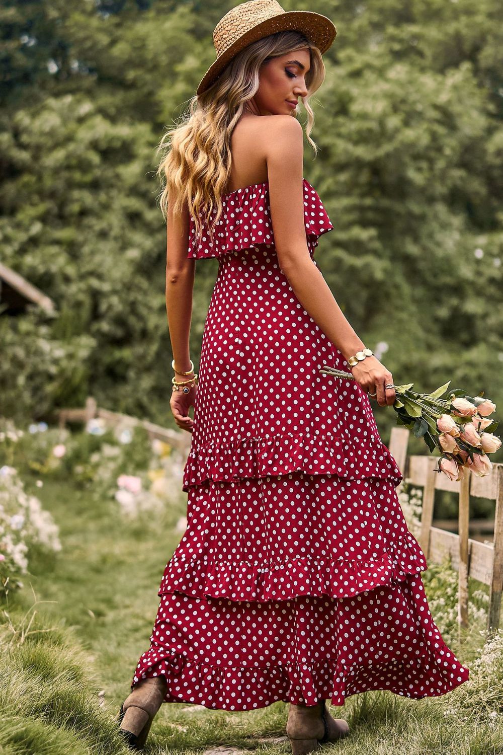 Stilla | Dot Strapless Slidskåret Ruffles Maxi Kjole