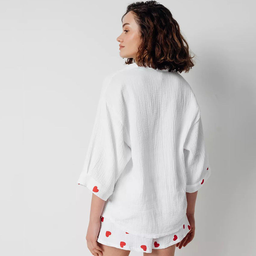 Stilla | Forårstøj Hjemmesæt Hjerteprint Trekvartærmer Shorts to Delt Pyjama Bomuld Kvinder