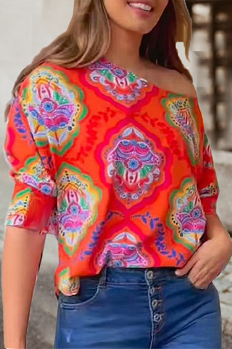 Stilla | Arbejde Elegant Print Patchwork Skrå Krave T-shirts Online