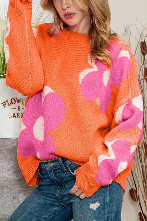 Stilla | Drejet, Blomstrende Sweater i Pink Og Orange