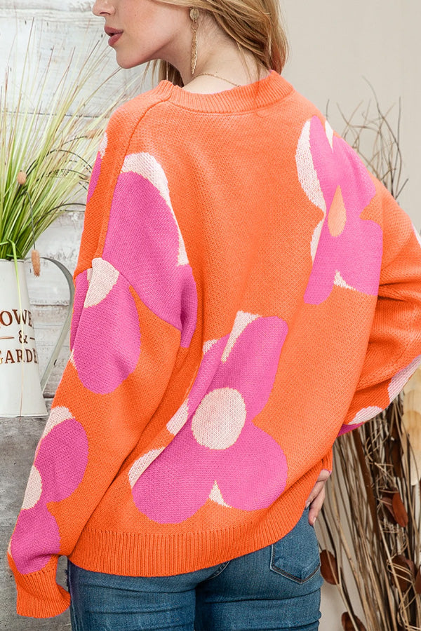 Stilla | Drejet, Blomstrende Sweater i Pink Og Orange