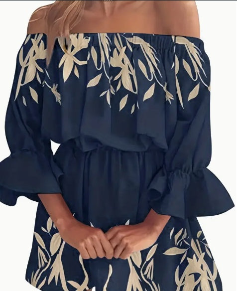 Stilla | Boho kjole med bladdesign og skulderfri design