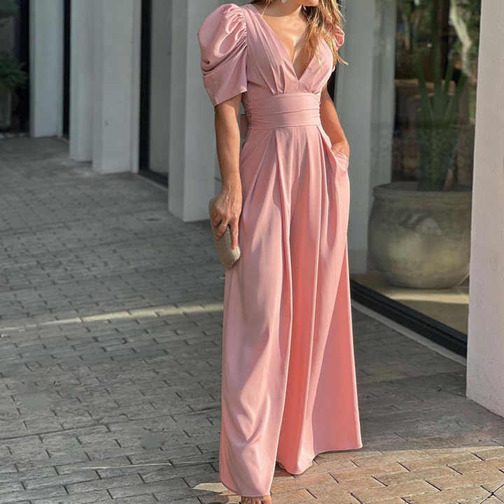 Stilla | Elegant V-hals Jumpsuit Med Puffærmer Til Stilfulde Kvinder