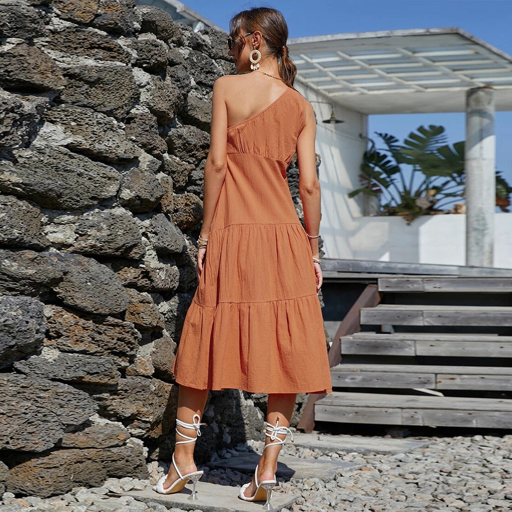 Stilla | Chic Ferie Asymmetrisk Skulder Orange Kjole Levere