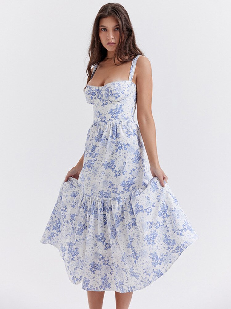 Stilla | Blomster Print Spaghetti Midi Kjoler