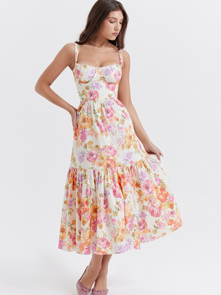 Stilla | Blomster Print Spaghetti Midi Kjoler