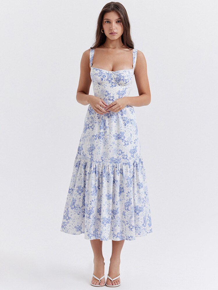 Stilla | Blomster Print Spaghetti Midi Kjoler