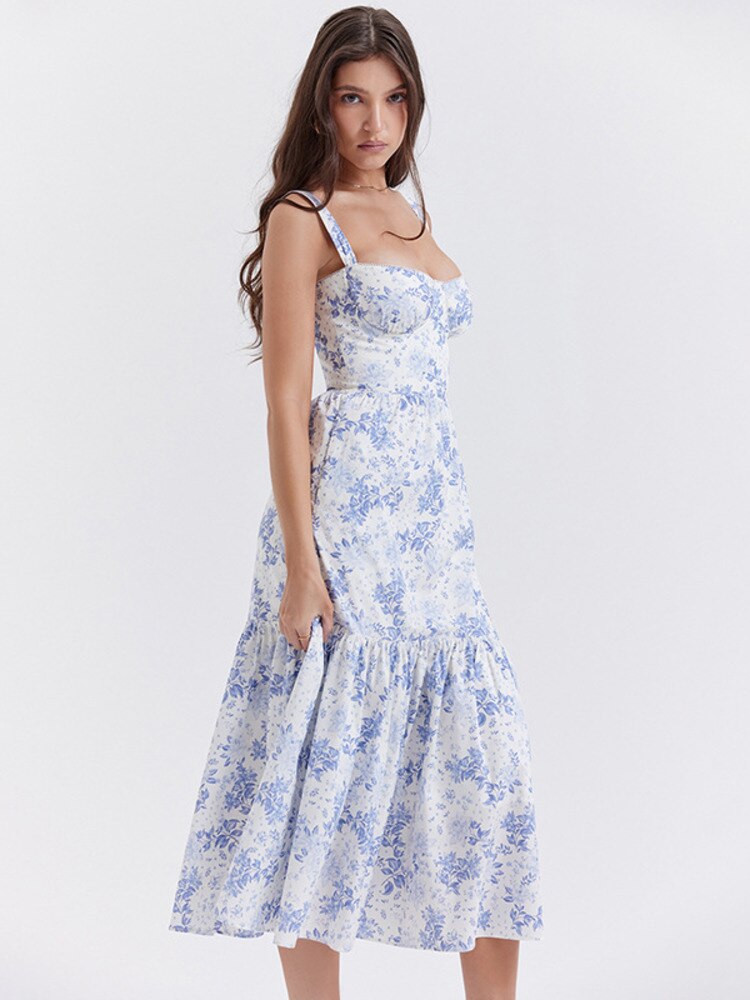 Stilla | Blomster Print Spaghetti Midi Kjoler