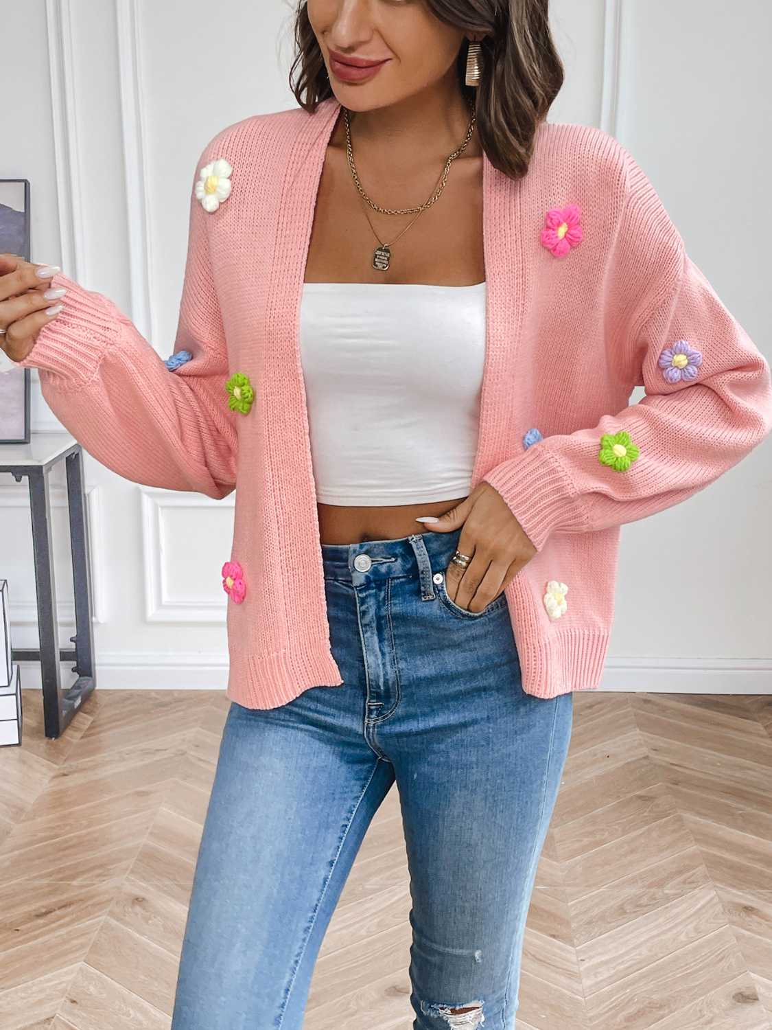 Stilla | Blomster Langærmet Åben Front Strikketrøje