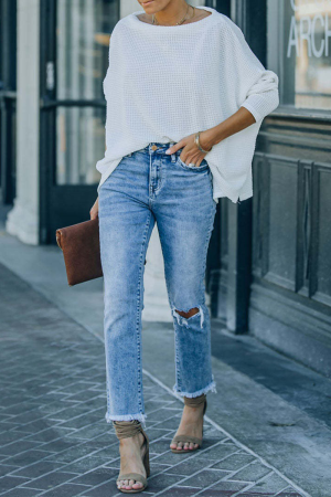 Stilla | Afslappet Solid Ripped Mid Waist Boot Cut Denim Jeans Levere