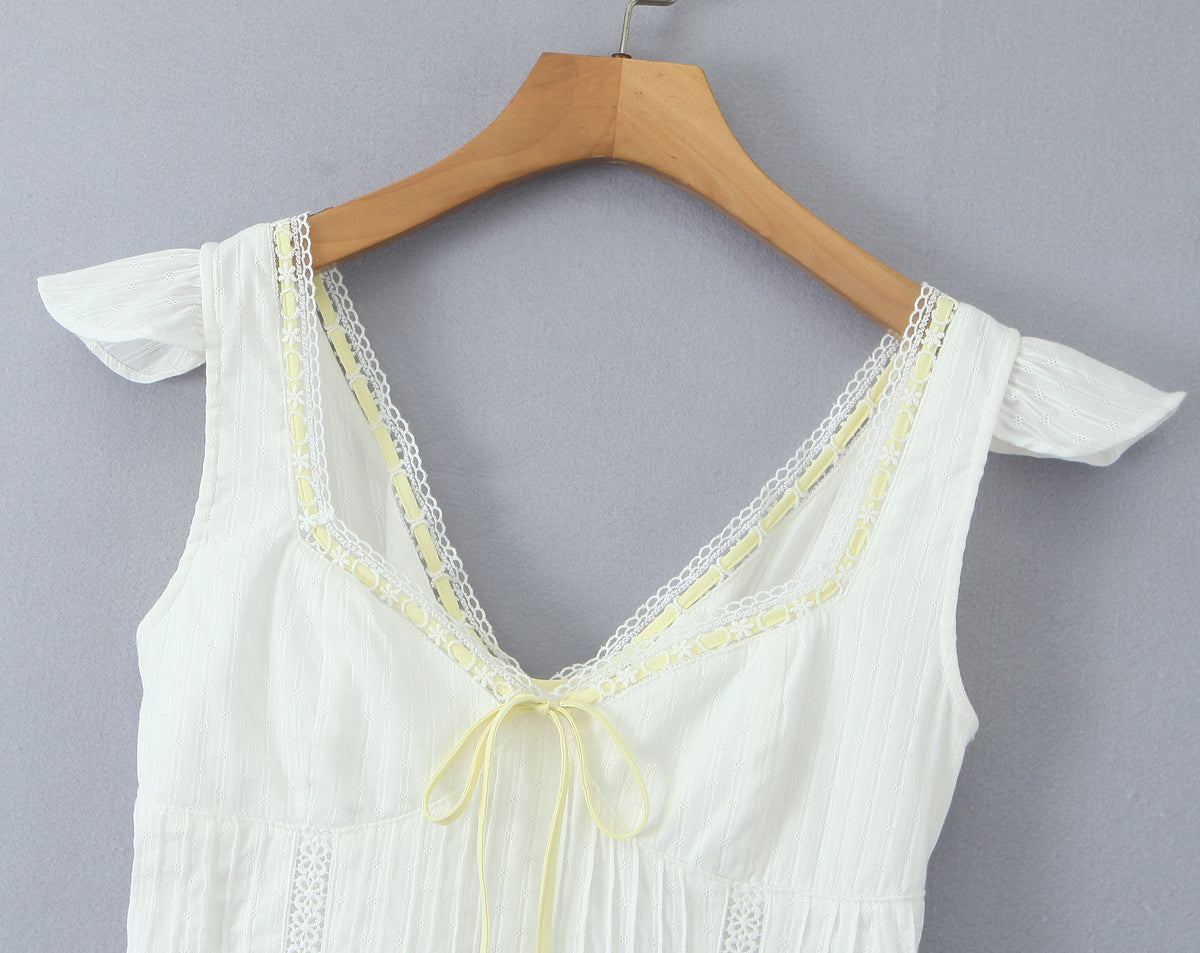 Stilla | Sommer Kvinder Franske Sexede Retro Dovne Fyrkantet Krave Bag Træk Snor Tied Slim Fit Sling Kjole