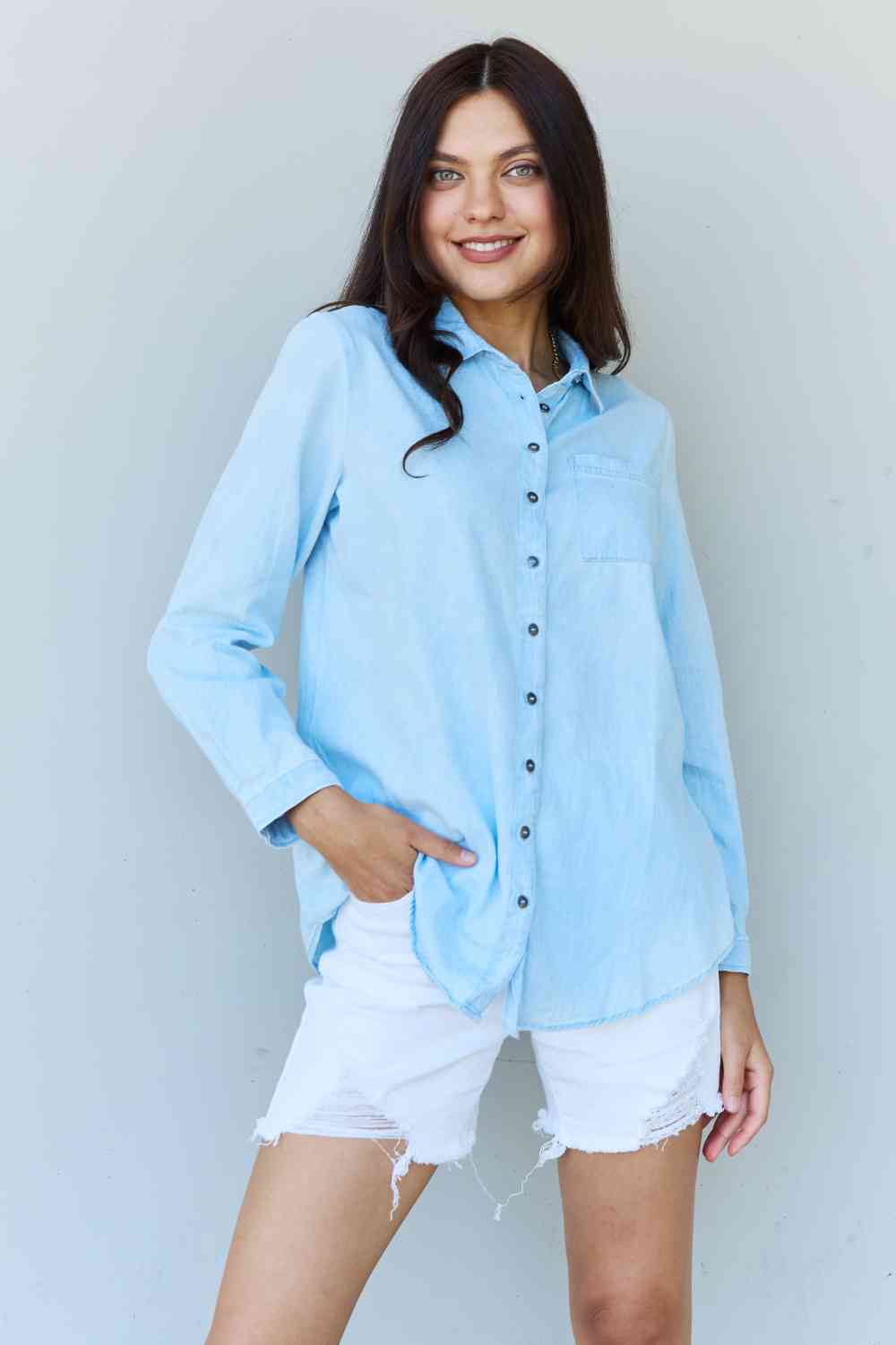 Stilla | Blue Jean Baby Denim Button Down Shirt Top Lys Blå på udsalg