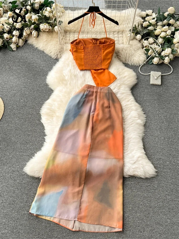 Stilla | Ferie Dragter Strapless Halter Strapless Topogzipper Tie Dye Nederdel Kvinde Mode Sexy to Delt Sæt