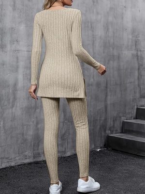 Stilla | Ribstrikket Sæt Langærmet Tunika Med Side Slidser Tætsiddende Leggings