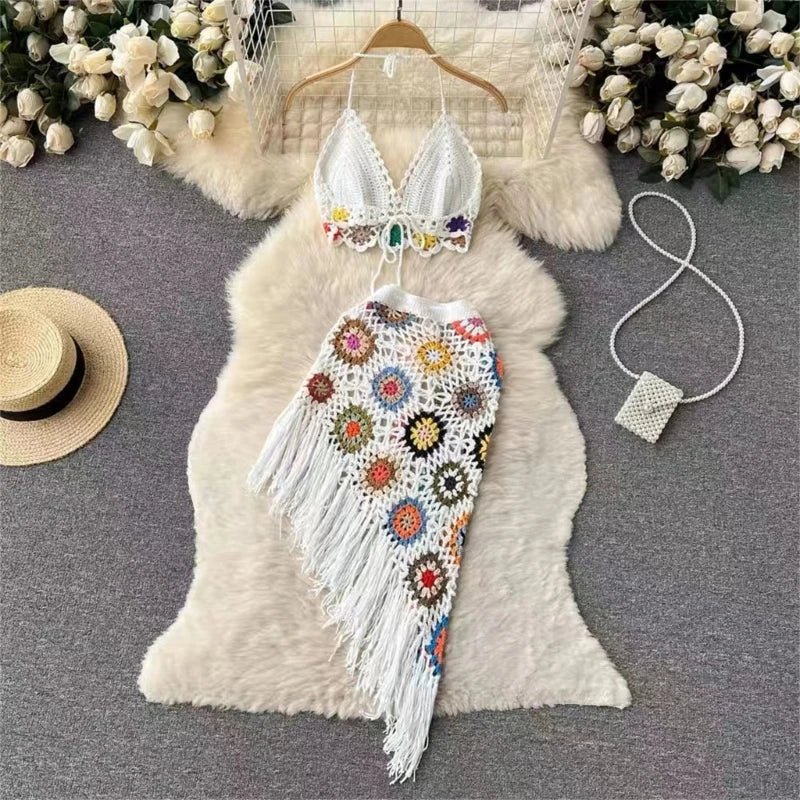 Stilla | Kvinder 2 Delt Outfit Sæt Boho Huludskæring Hæklet Strik Halterneck Bh Top Og Asymmetrisk Frynsæt Mini Nederdel Strand Cover up Online salg