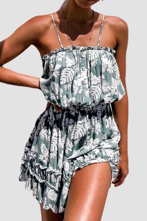 Stilla | Afslappet Floral Spænde Flounce Spaghetti Strap Talje Nederdele Kjoler