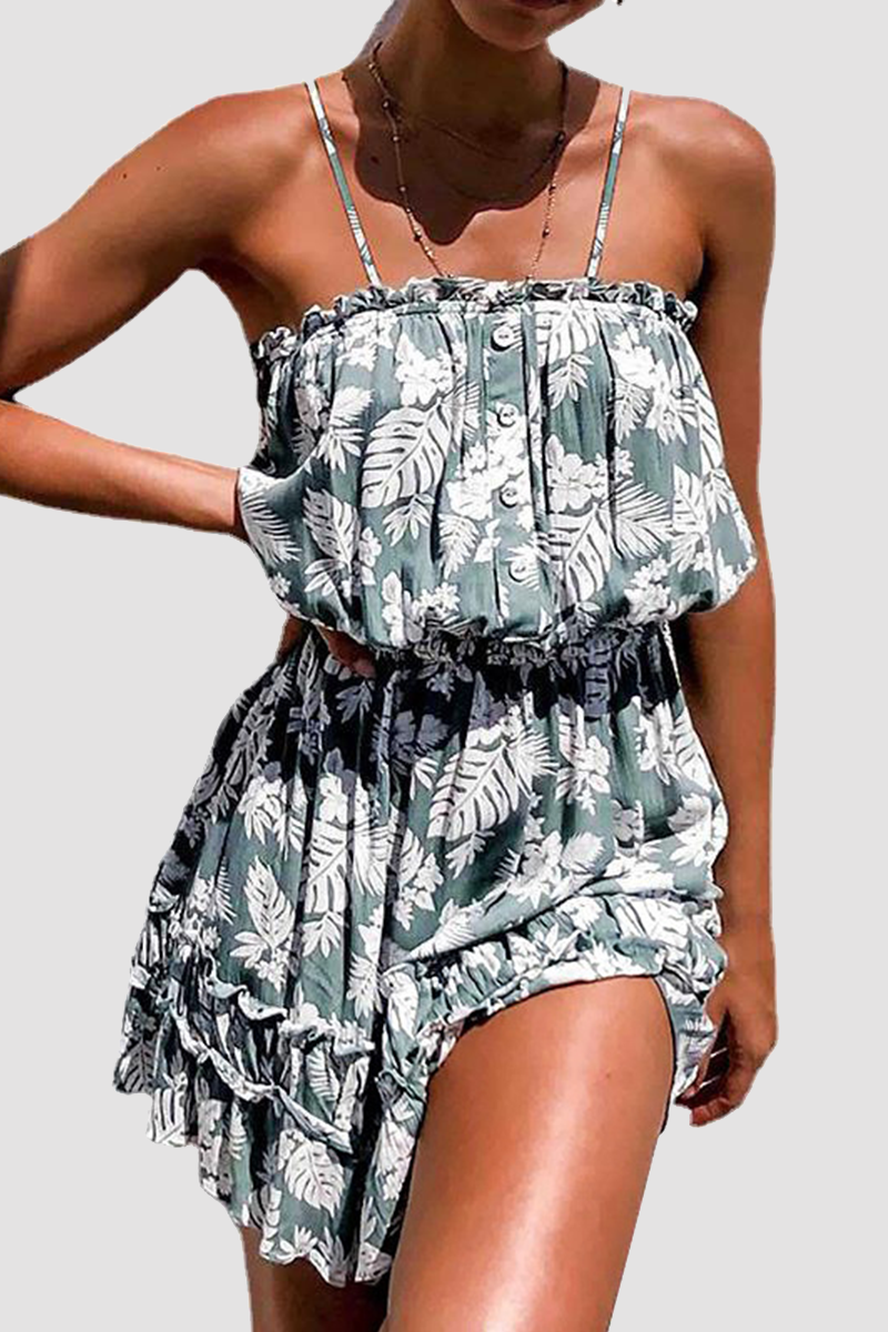 Stilla | Afslappet Floral Spænde Flounce Spaghetti Strap Talje Nederdele Kjoler