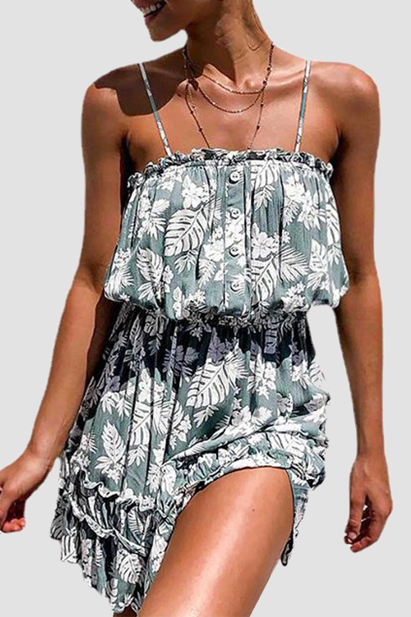Stilla | Afslappet Floral Spænde Flounce Spaghetti Strap Talje Nederdele Kjoler