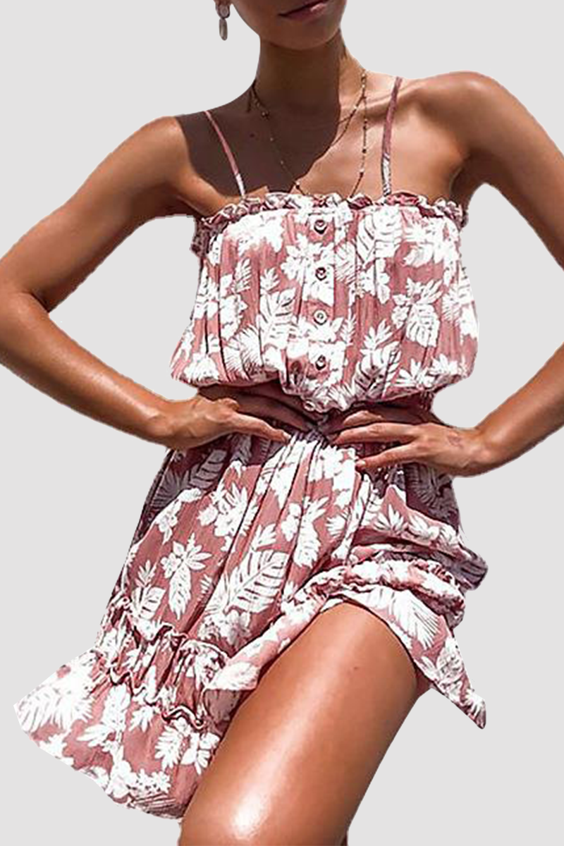 Stilla | Afslappet Floral Spænde Flounce Spaghetti Strap Talje Nederdele Kjoler