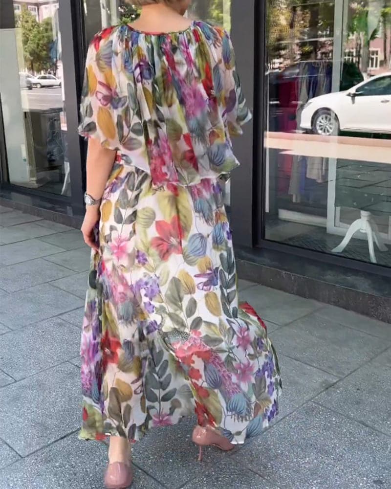 Stilla | Maxi Kjole Blomsterprint Rund Hals Korte Ærmer Let Og Luftig Pasform Levere