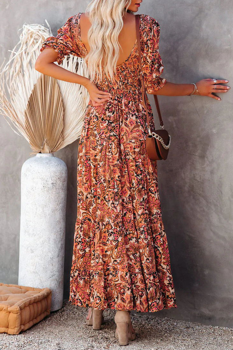 Stilla | Sød Elegant Print Patchwork Rygløs U Hals A-linje Kjoler