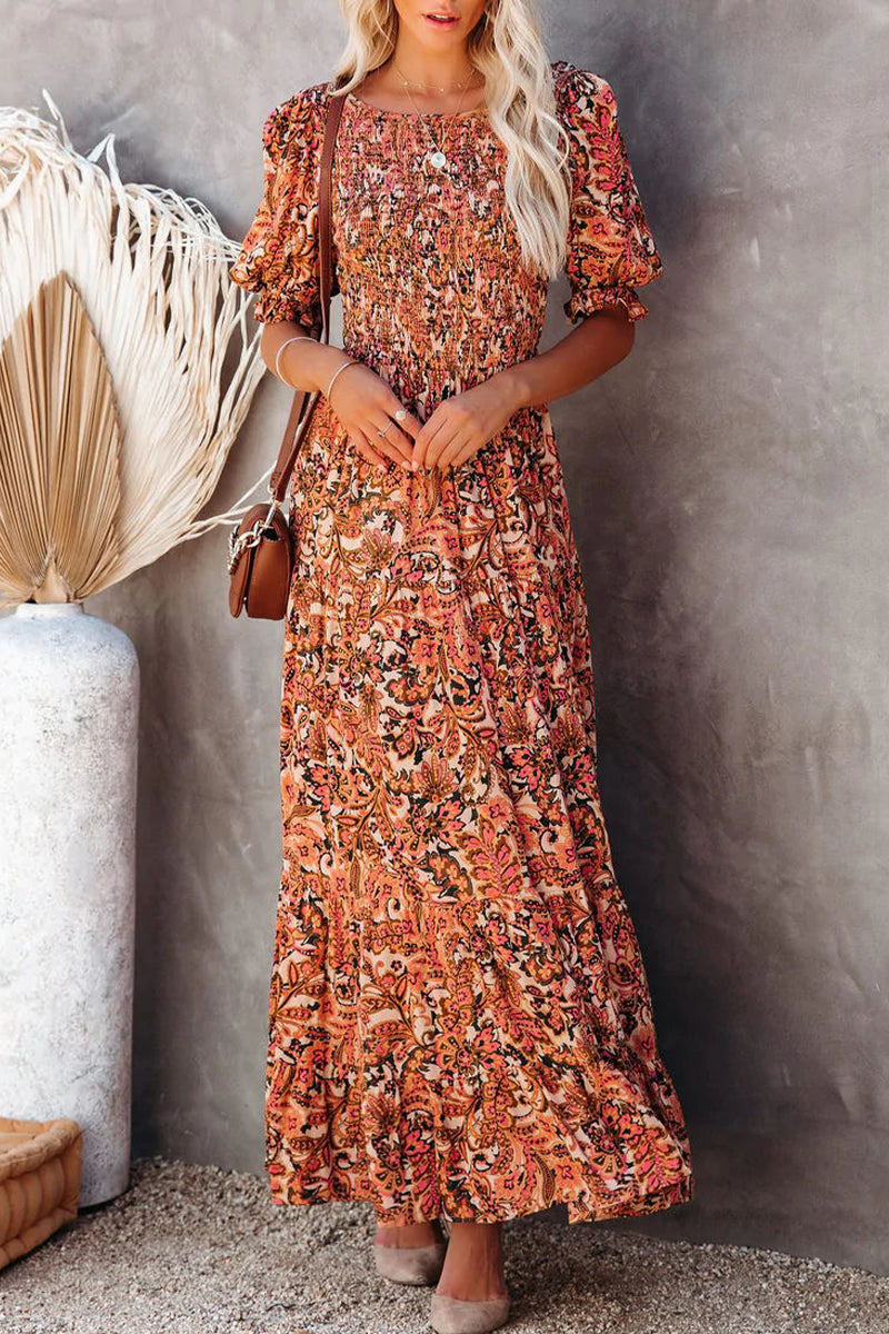 Stilla | Sød Elegant Print Patchwork Rygløs U Hals A-linje Kjoler