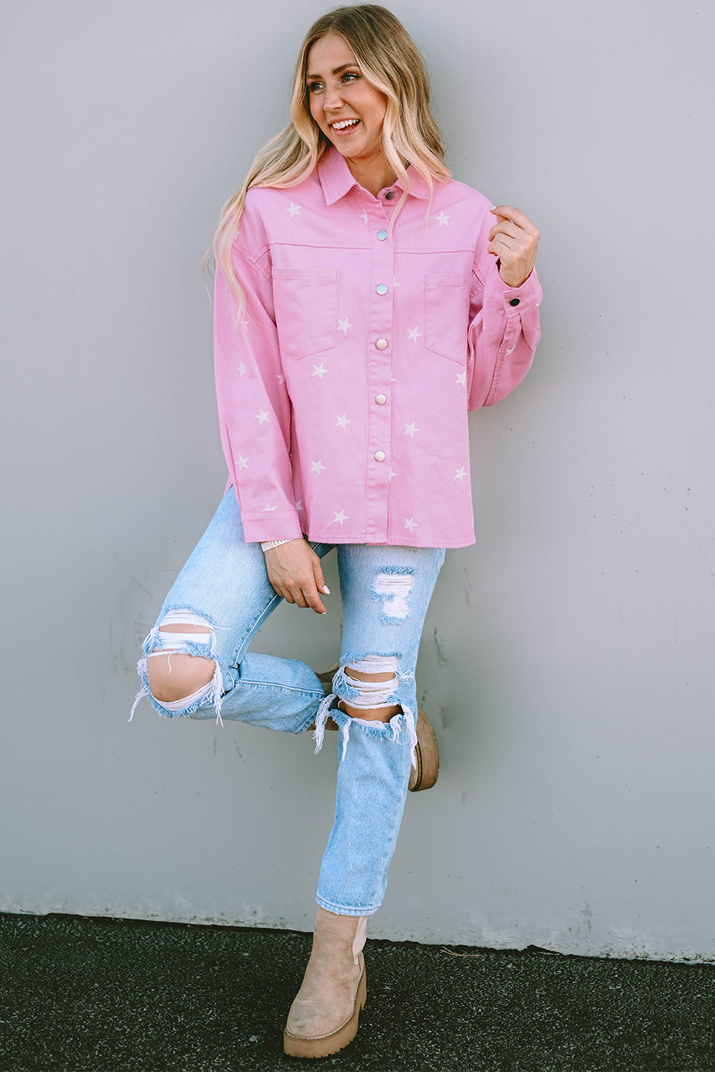 Stilla | Mønster Button Up Slid Denim Jakke Levere