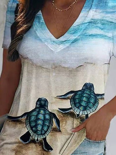 Stilla | Dame T-shirts Skildpaddeprint V-hals Korte Ærmer T-shirt Hot på udsalg