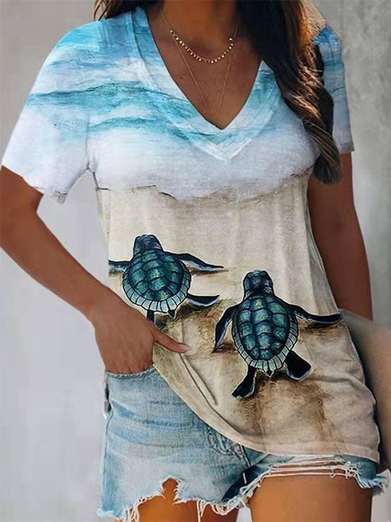 Stilla | Dame T-shirts Skildpaddeprint V-hals Korte Ærmer T-shirt Hot på udsalg