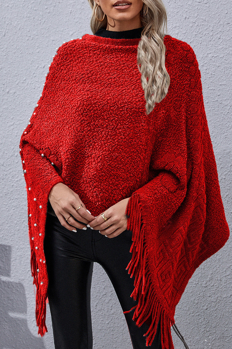 Stilla | Afslappet Solid Fringed Nitter Asymmetrisk O Hals Yderbeklædning
