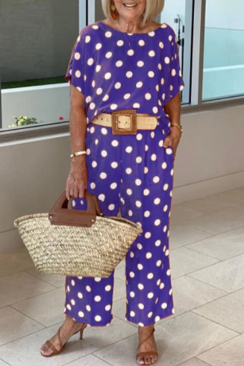 Stilla | Afslappet Polka Dot Patchwork O Hals Kort Ærme to Deler
