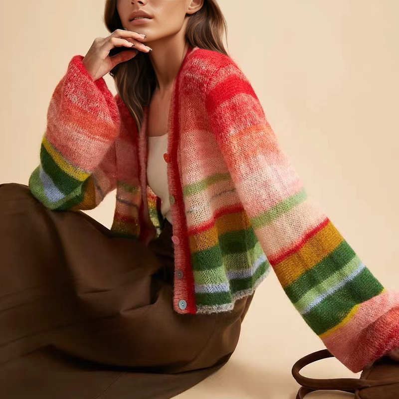 Stilla | Retro Cardigan Med Farverige Striber