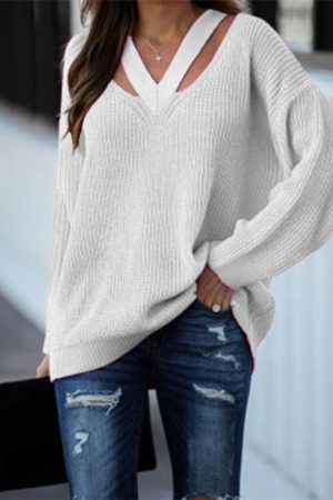Stilla | Afslappet Solid Hullet Patchwork V-hals Trøje Udsalg