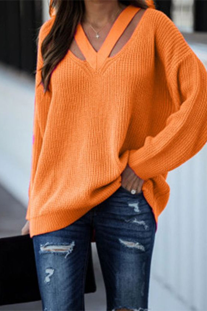 Stilla | Afslappet Solid Hullet Patchwork V-hals Trøje Udsalg