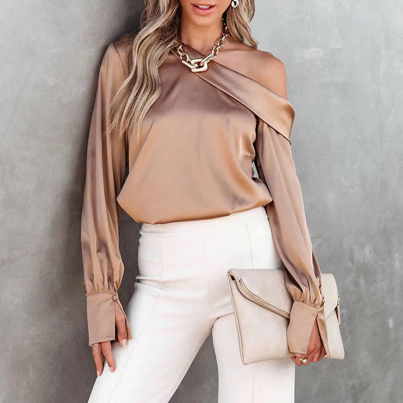 Stilla | Bluse Brun Satin En-skulder Bluse