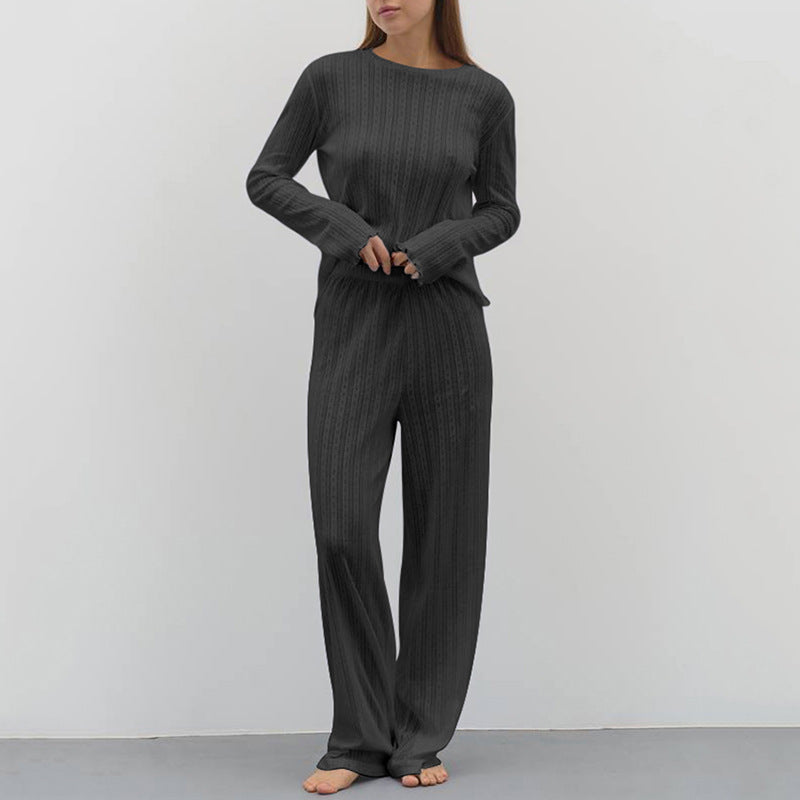 Stilla | Forår Sommer Sexet Elegante Vertikal Mønster Langærmede Bukser Strikkede Bløde Komfortable Pyjamas to Delt Hjemmetøj Kvinder